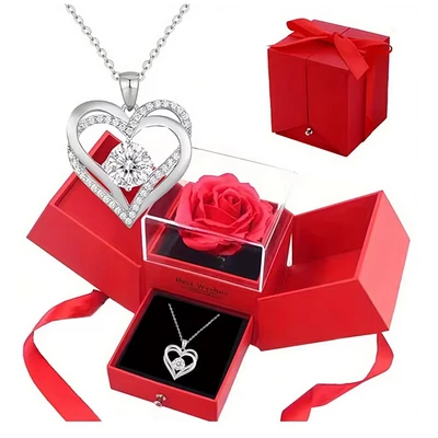 Női dupla szives nyaklánc örök rózsával, díszdobozban, Valentin napra