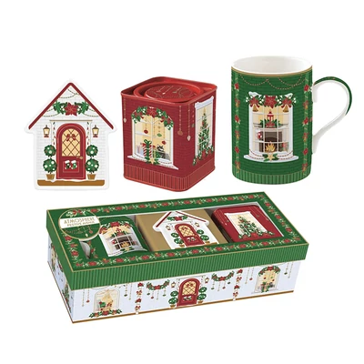 Karácsonyi porcelán bögre szett teatartóval díszdobozban - Festive Avenue Atmosphere (EasyLife)