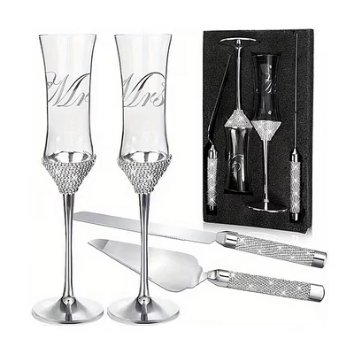 Esküvői pezsgőspohár és tortavágó szett ezüstös kristályokkal (4db-os)