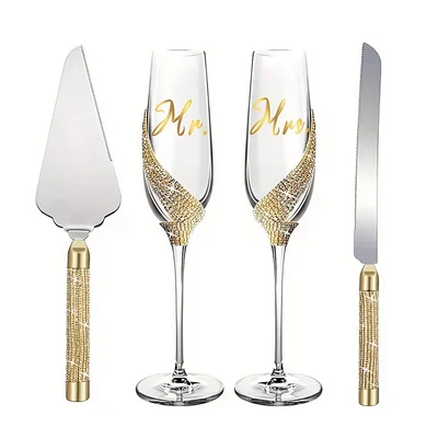 Esküvői pezsgőspohár és tortavágó szett kristályokkal - Mr és Mrs (4db-os)