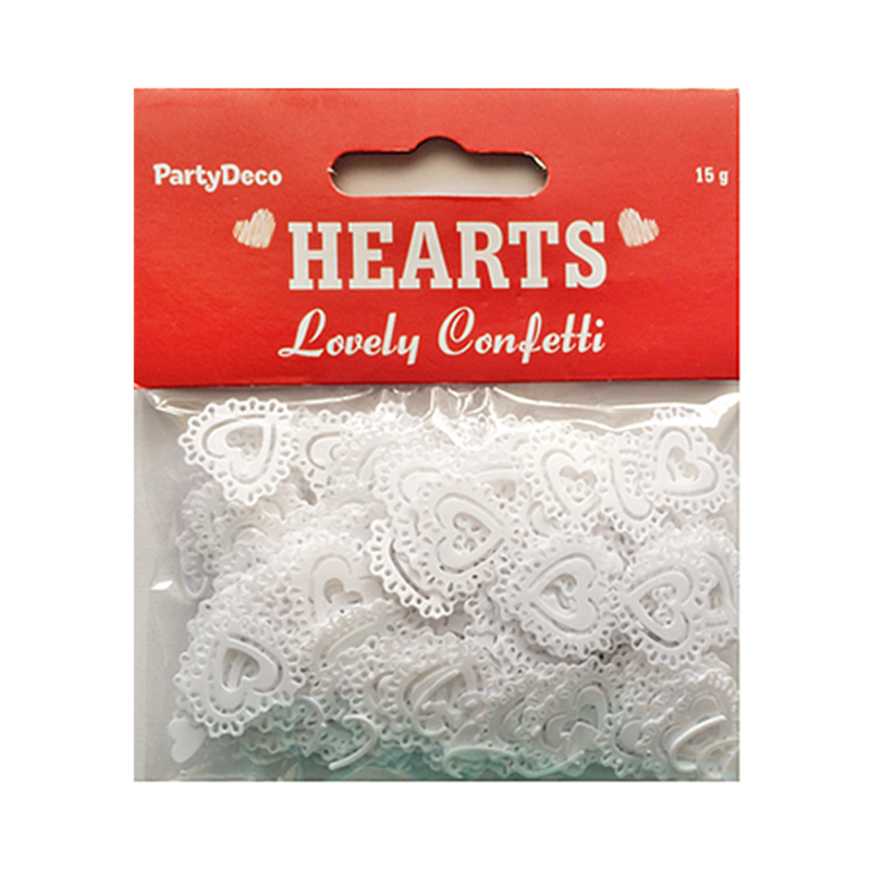 Fehér szív konfetti (csipkés mintával) 15gr