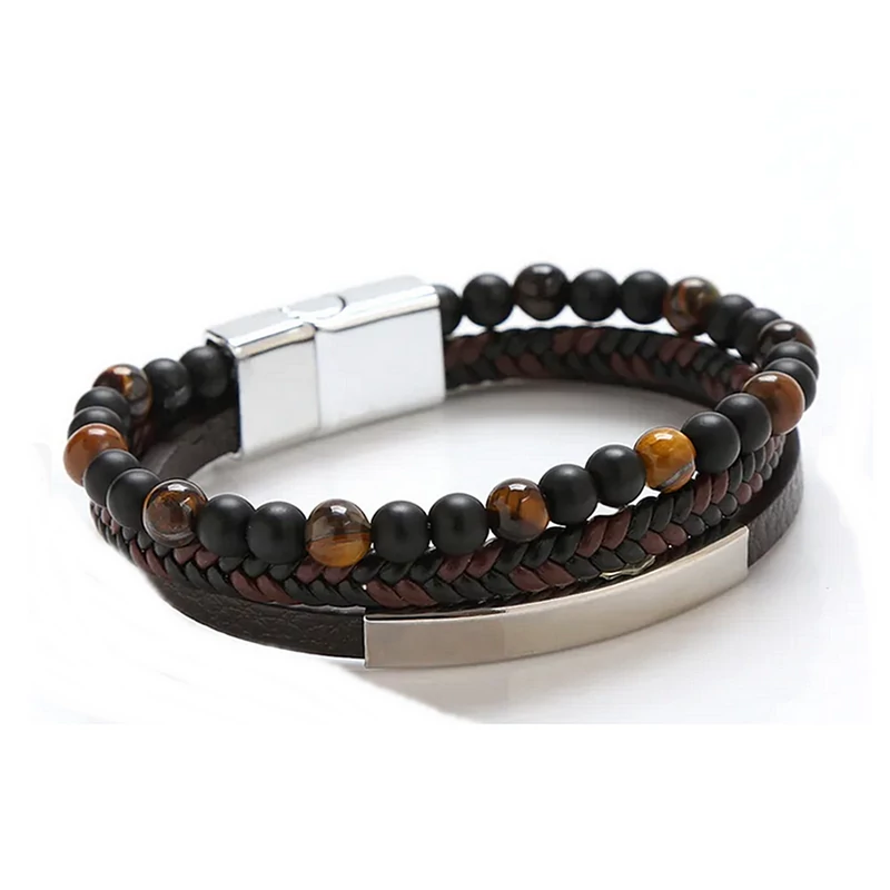 Háromsoros férfi bőr karkötő (gravírozható)