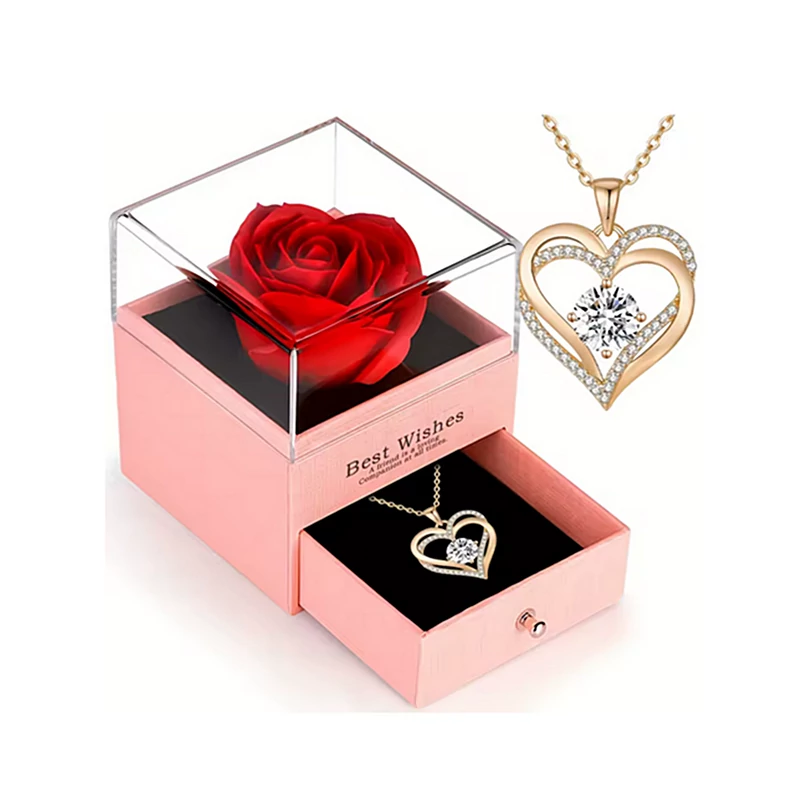 Női dupla szives nyaklánc díszdobozban Valentin napra (arany színű) 