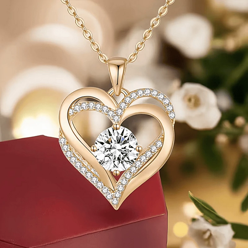 Női dupla szives nyaklánc díszdobozban Valentin napra (arany színű) 