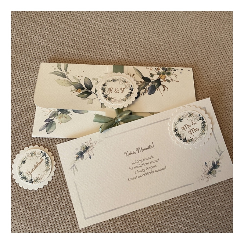 Esküvői tanú felkérő kártya borítékkal (Green leaves)