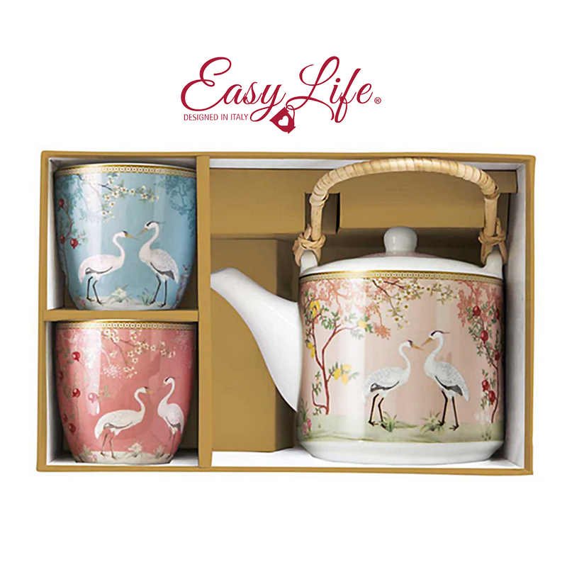 Álmok kertje - Porcelán teáskanna készlet 2 pohárral, fémszűrővel (Easy Life)