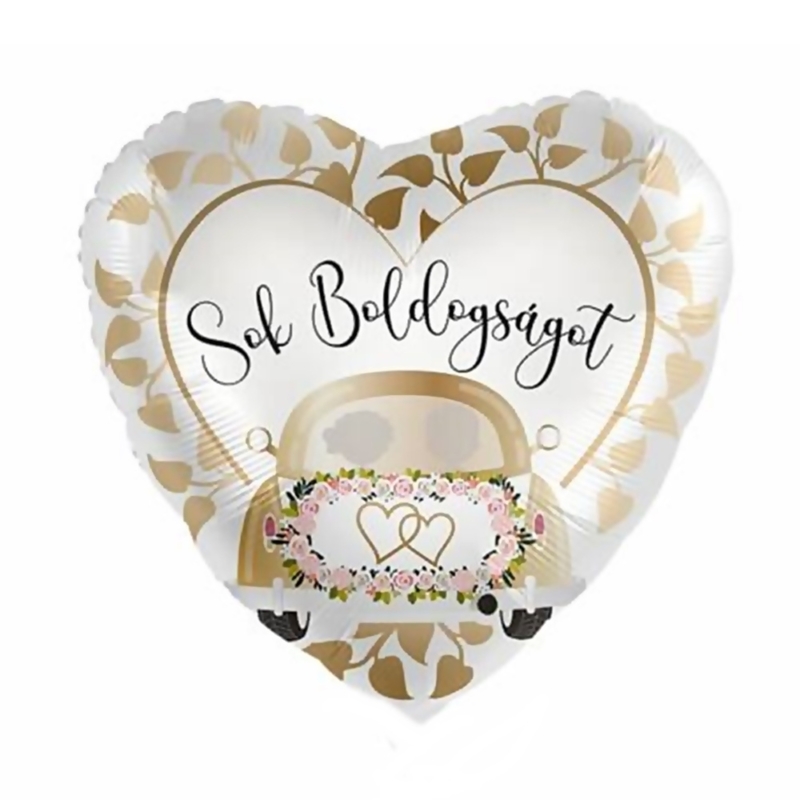 Sok boldogságot - Esküvői feliratos, szív alakú fólia lufi (45cm)