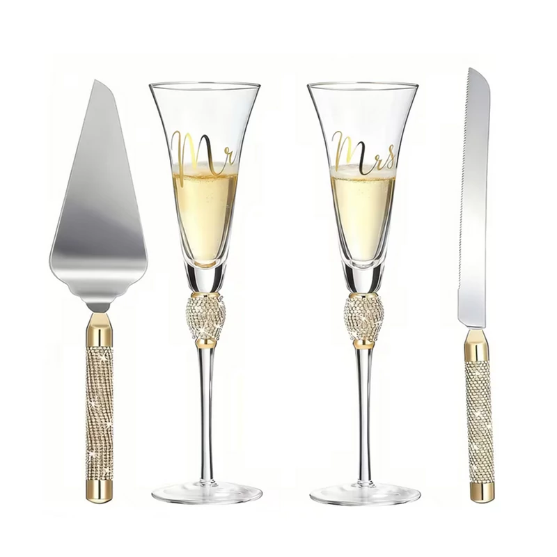 Esküvői pezsgőspohár és tortavágó szett aranyló kristályokkal (4db-os) 