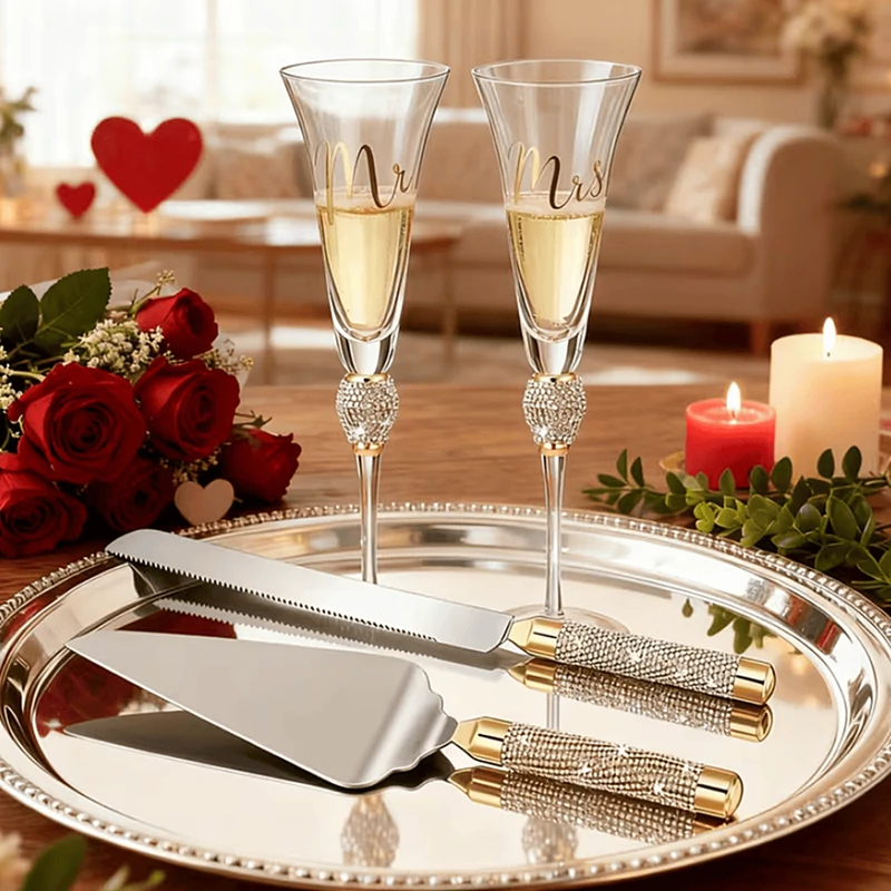 Esküvői pezsgőspohár és tortavágó szett aranyló kristályokkal (4db-os) 