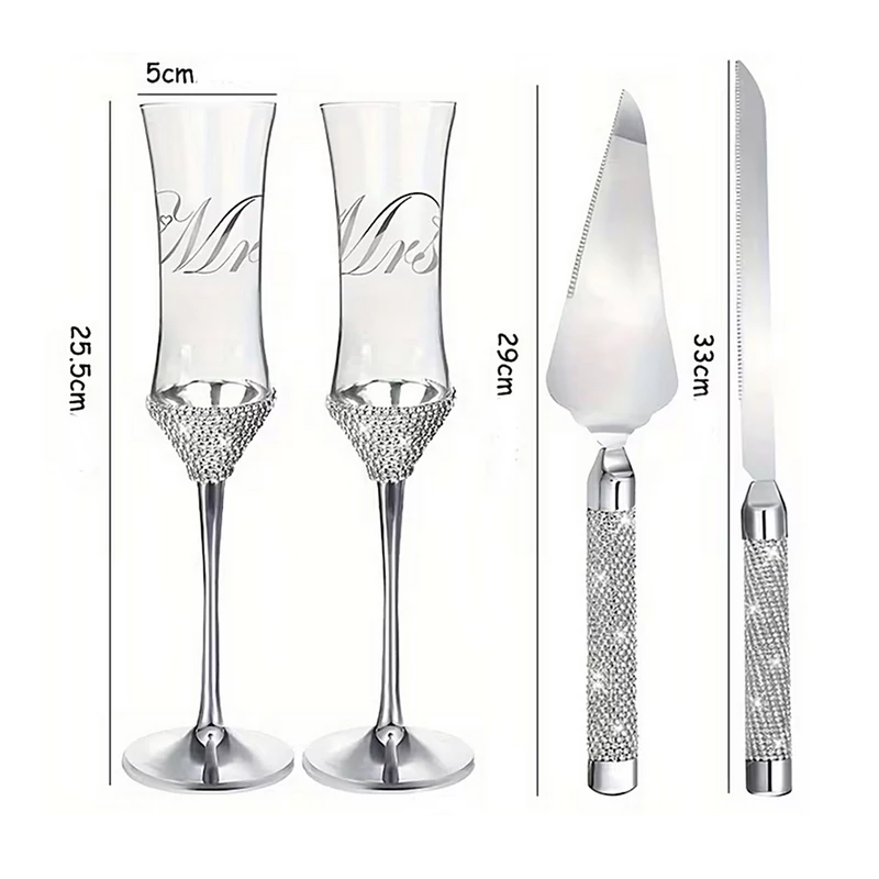 Esküvői pezsgőspohár és tortavágó szett ezüstös kristályokkal (4db-os) 