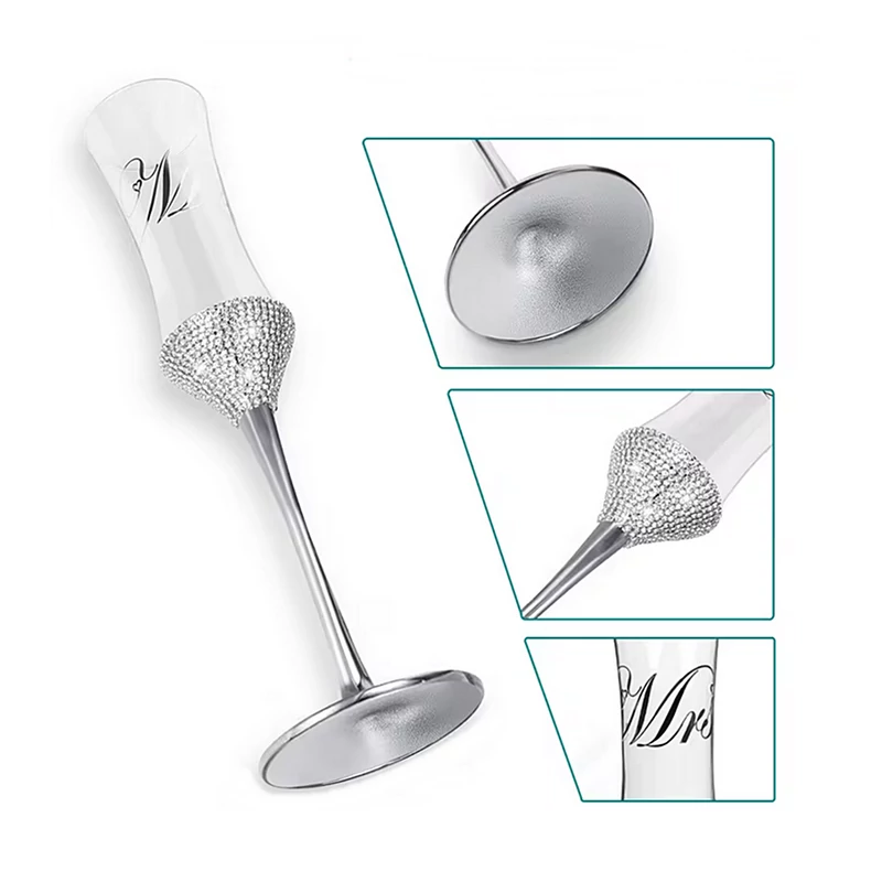 Esküvői pezsgőspohár és tortavágó szett ezüstös kristályokkal (4db-os) 