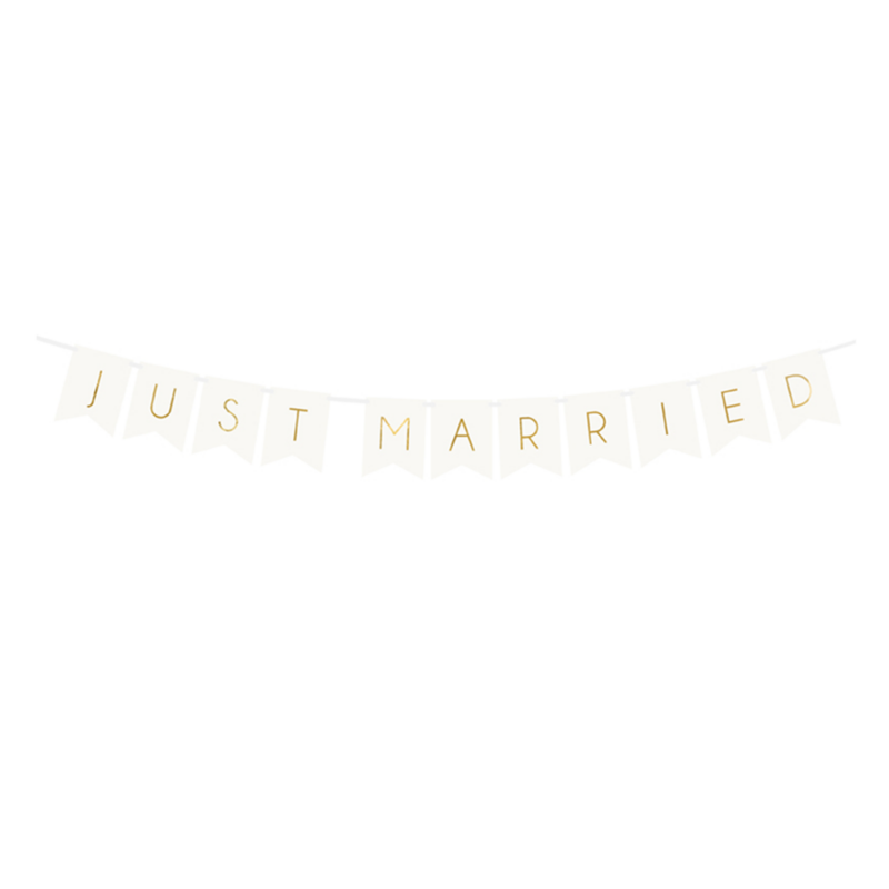  Just Married felirat - fehér banner arany betűkkel