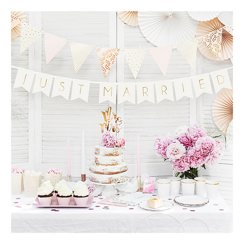 Just Married felirat - fehér banner arany betűkkel