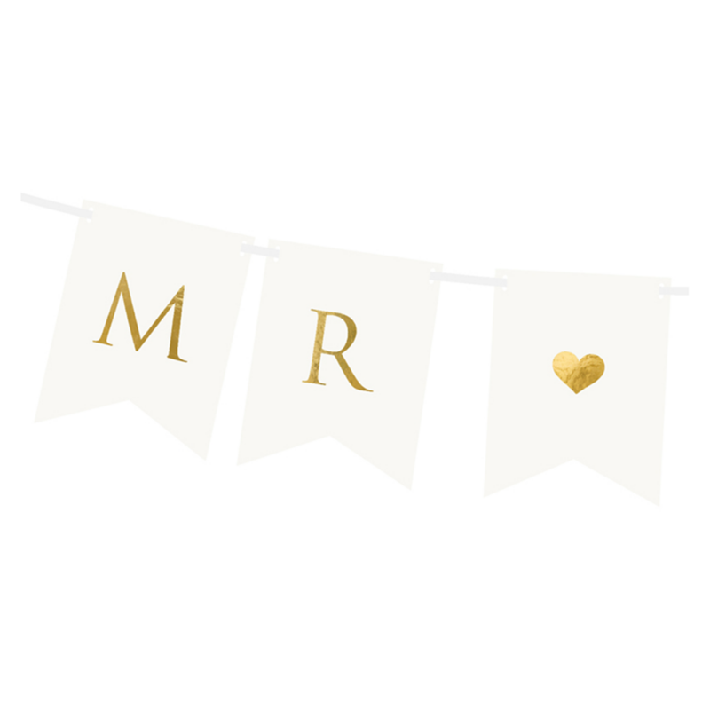 Mr és Mrs felirat - fehér banner arany betűkkel